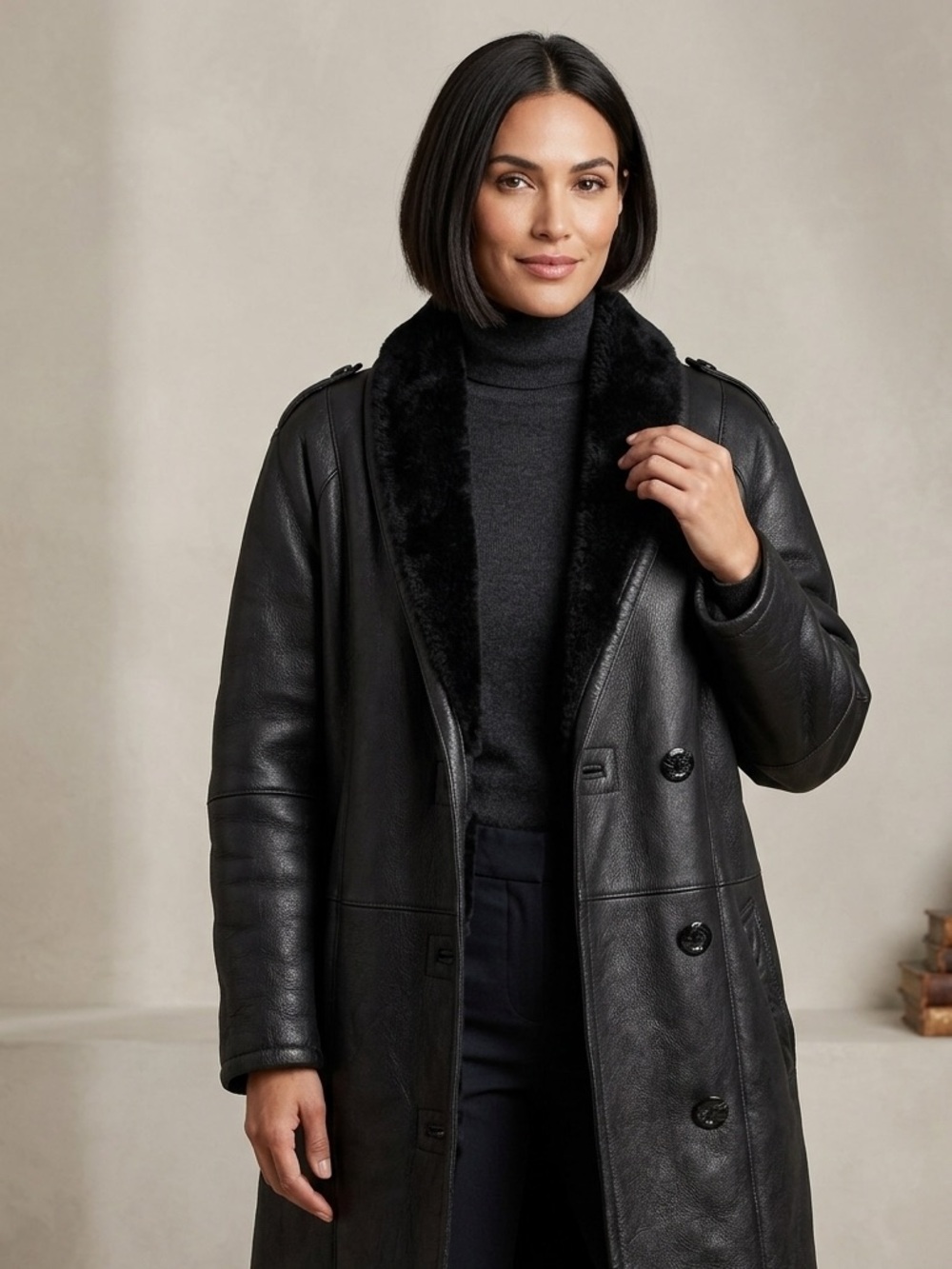 Montreal Sheepskin Genuine Shearling Coat Vintage 80s Black Leather Plush S